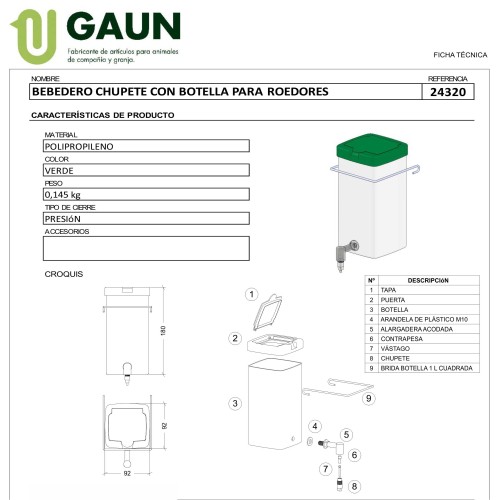 Bebedero Chupete con Botella 1 L Gaun