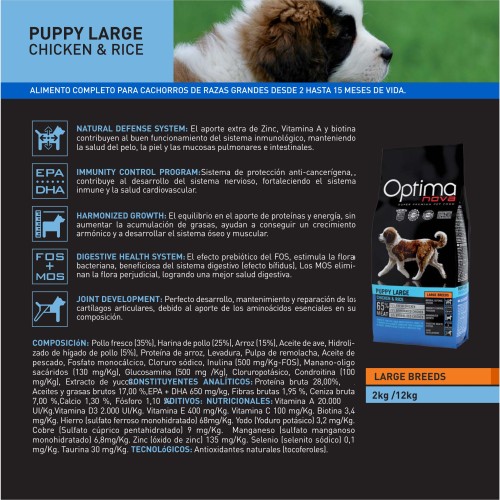 Optima Nova Puppy Large Pollo y Arroz 12 kg