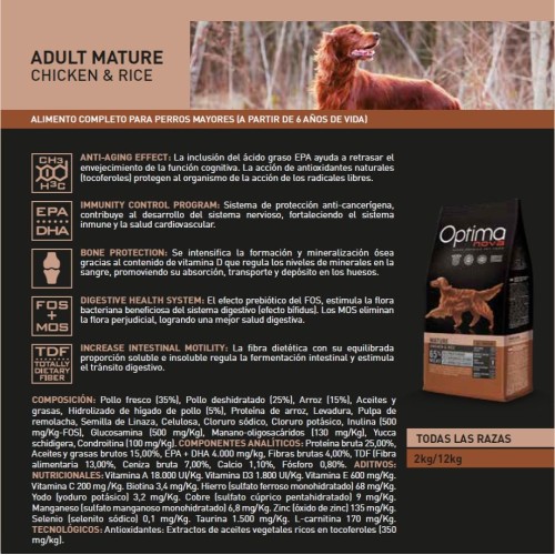 Optima Nova Adult Mature Pollo Arroz 12 Kg