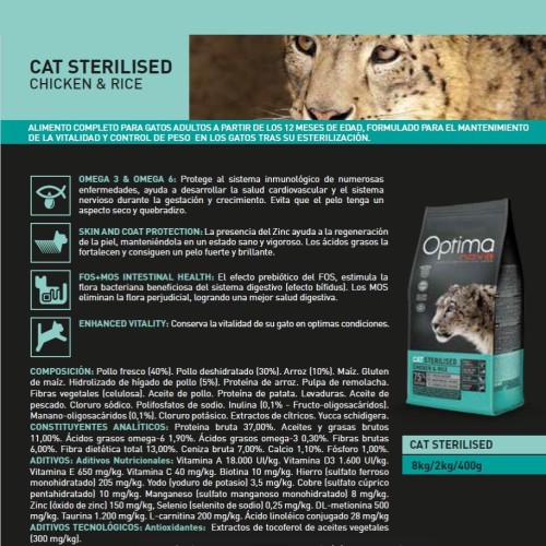 Optima Nova Cat Sterilized 8 Kg - Comida Seca para Gatos