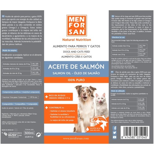 Aceite de Salmón 500ml Menforsan para Perros y Gatos